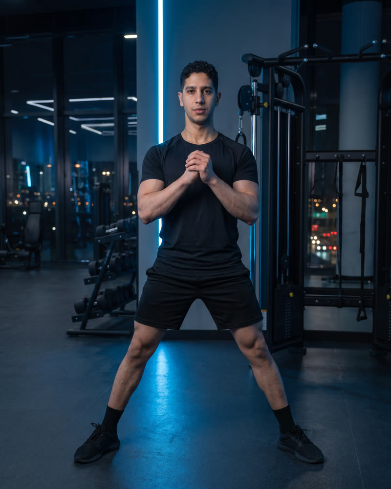 Meky standing in a very wide stance with hands clasped at his chest, ready for a Cossack squat