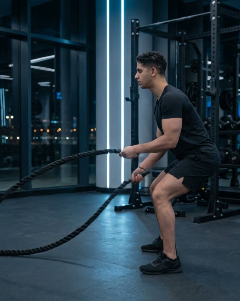 Meky in an athletic squat, driving waves through two heavy battle ropes
